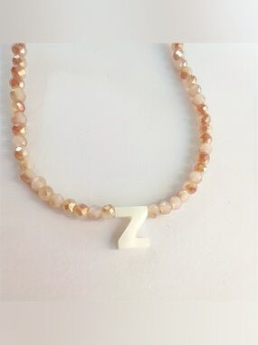 NWOT Crystal Beaded Initial Necklace w/ Pearl Letter Z Pendant, Peachy Pink